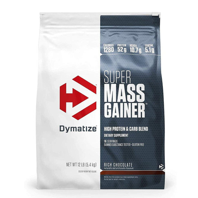 Proteínas Super Mass 12 lbs de Dymatize, ganador de peso, envase grande con polvo de proteína para aumento de masa muscular.