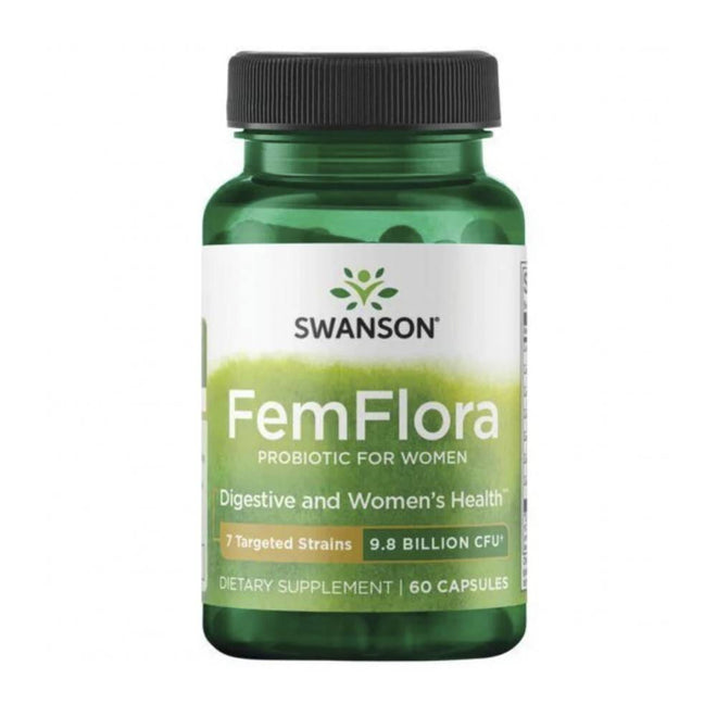 Probióticos FemFlora de Swanson en cápsulas para la salud femenina, con 60 cápsulas en envase.