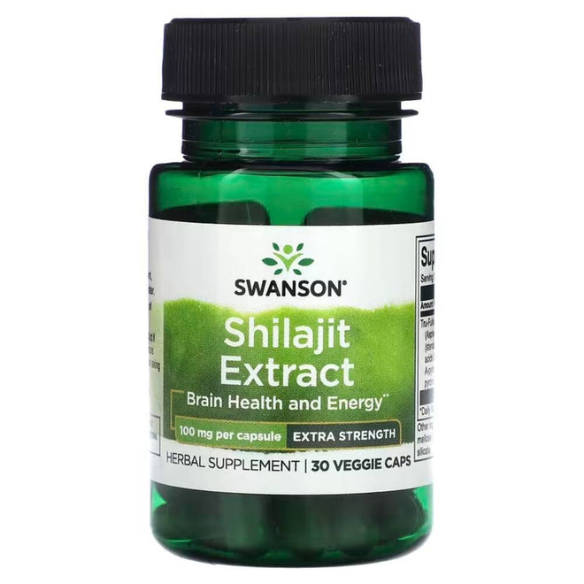 Extracto de Shilajit Swanson de 100 mg en 30 cápsulas, suplemento natural para salud y bienestar.