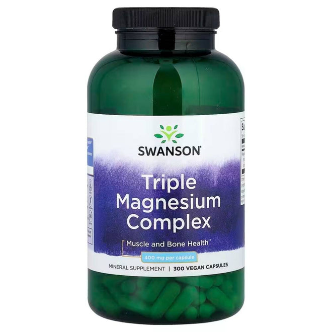 Suplemento de magnesio triple de 400 mg en cápsulas de Swanson, vitaminas y salud, 300 cápsulas en envase blanco.