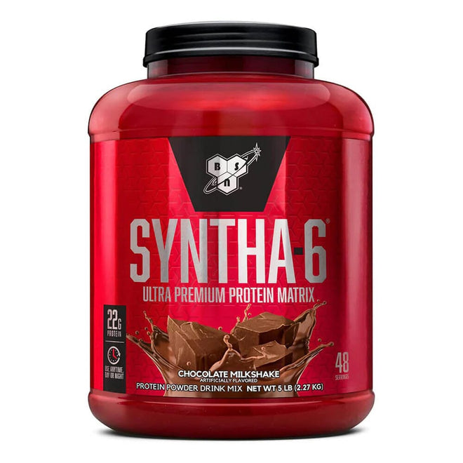 Proteína en polvo Syntha 6 Whey de BSN en sabor chocolate, envase de 5 lbs, ideal para recuperación y crecimiento muscular.