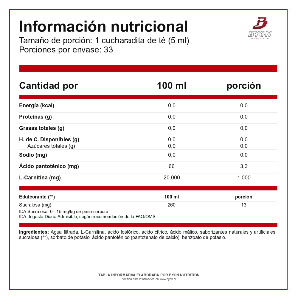 Tabla nutricional de L-Carnitine 3000 líquida de Nutrex