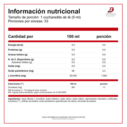 Tabla nutricional de L-Carnitine 3000 líquida de Nutrex