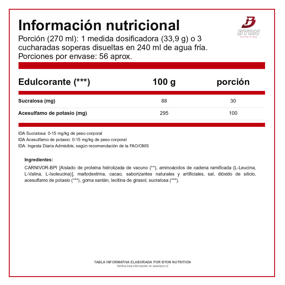 Tabla nutricional de Carnivor Proteína de Carne 4 lb de MuscleMeds: edulcorantes e ingredientes
