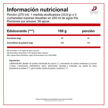 Tabla nutricional de Carnivor Proteína de Carne 4 lb de MuscleMeds: edulcorantes e ingredientes