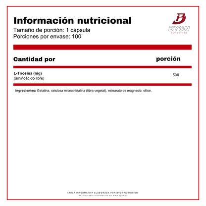 Cápsulas de L-Tirosina de Swanson, 500 mg por cápsula, envase de 100 cápsulas.