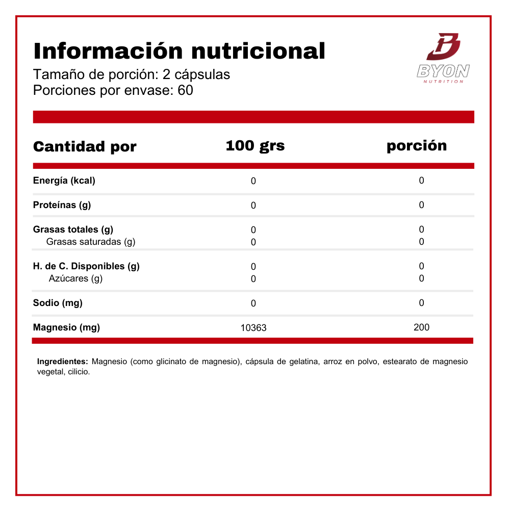 Tabla nutricional del Magnesio Glicinato de Nature's Truth en envase con 120 cápsulas, vitaminas y salud