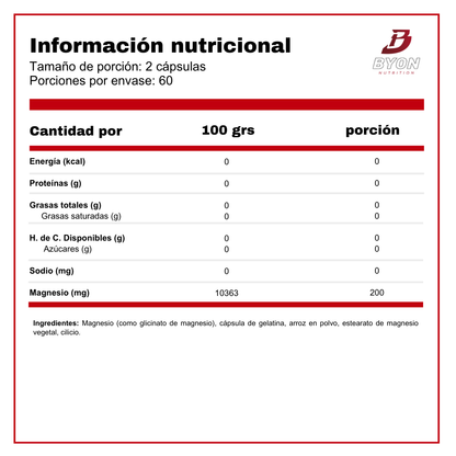 Tabla nutricional del Magnesio Glicinato de Nature's Truth en envase con 120 cápsulas, vitaminas y salud