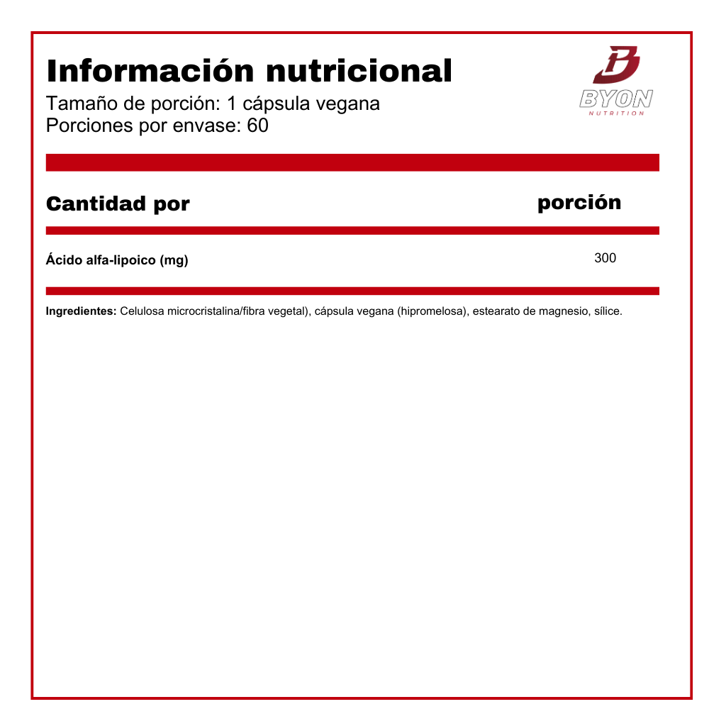 Tabla nutricional de Ácido Alfa Lipoico 300 mg Swanson en envase con 60 cápsulas, muestra información de vitaminas y salud.