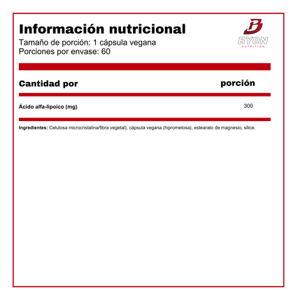 Tabla nutricional de Ácido Alfa Lipoico 300 mg Swanson en envase con 60 cápsulas, muestra información de vitaminas y salud.