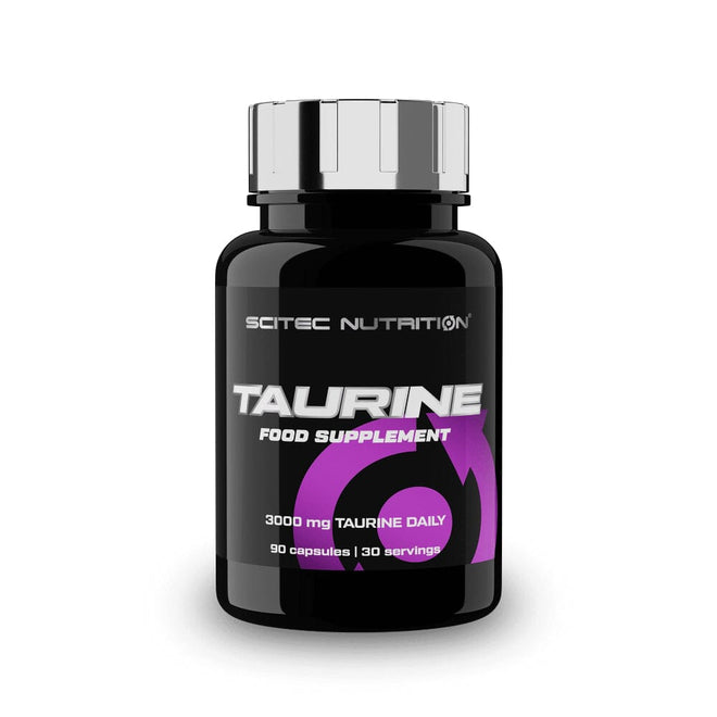 Taurina 1000 mg de Scitec Nutrition, suplemento de pre-entrenamiento, muestra el frasco con cápsulas en un entorno deportivo.