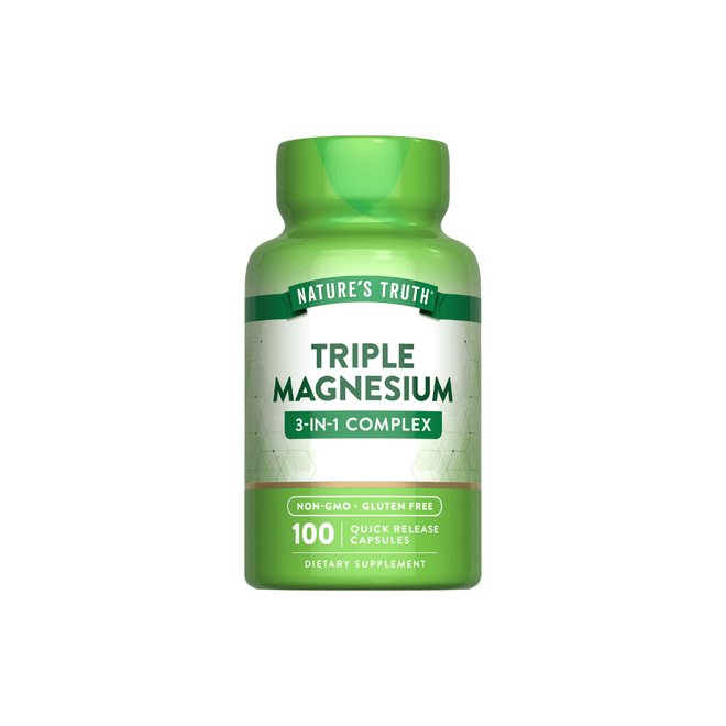 Capsulas de magnesio triple de 400 mg de Nature's Truth, suplemento de vitaminas y salud en envase con 100 cápsulas.