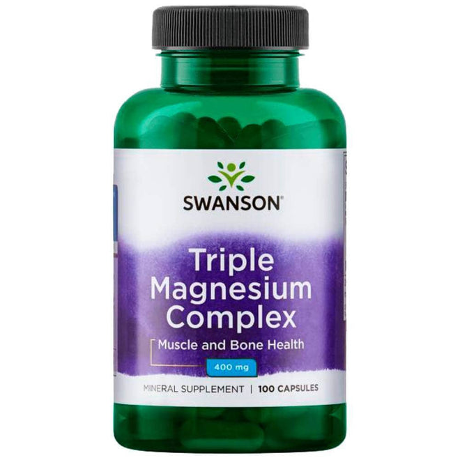 Cajas de 100 cápsulas de magnesio triple 400 mg de la marca Swanson en envase de vitaminas y salud