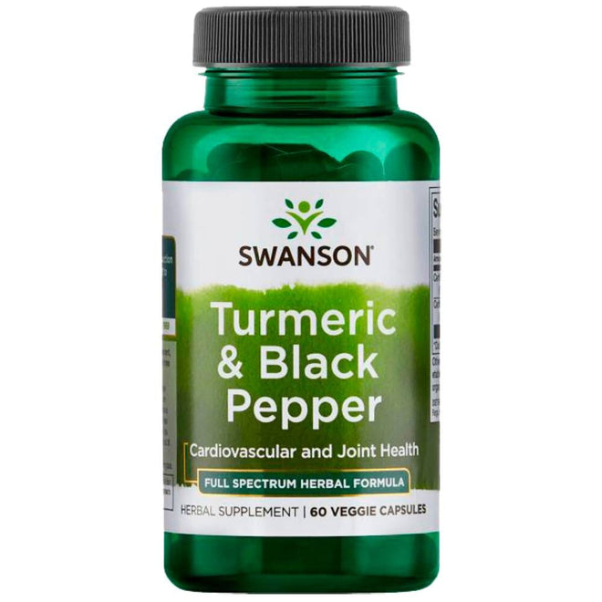 Cápsulas de cúrcuma con pimienta negra de Swanson, suplemento de vitaminas y salud en envase de 60 cápsulas.