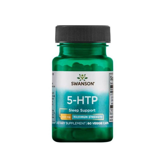 Frasco de Ultra 5-HTP de Swanson con 60 cápsulas, 200 mg por cápsula.