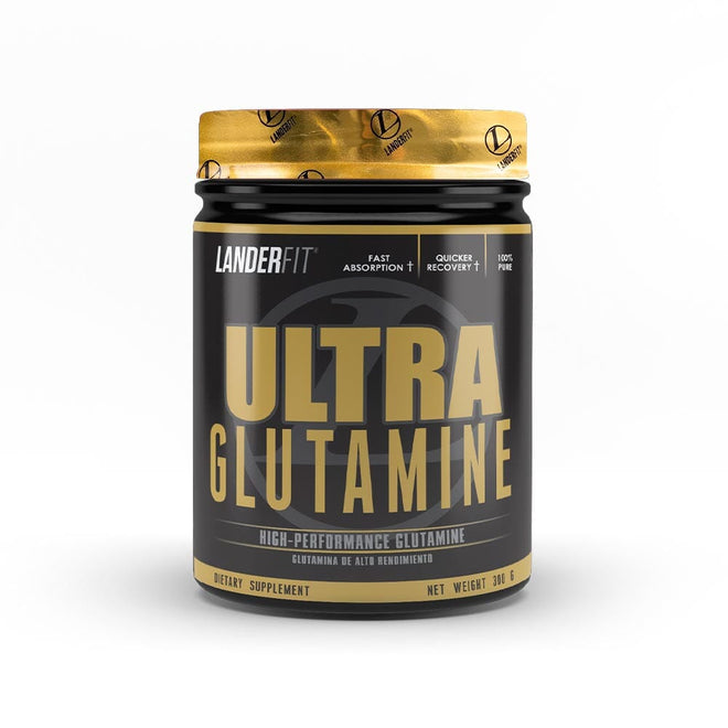 Aminoácidos Ultra Glutamina Landerfit en polvo de 300 g, envase con etiqueta blanca y detalles verdes, vista frontal del producto.