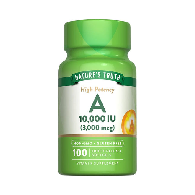 Suplemento de Vitamina A 10,000 IU en 100 cápsulas blandas de Nature's Truth, con frascos y cápsulas en la imagen