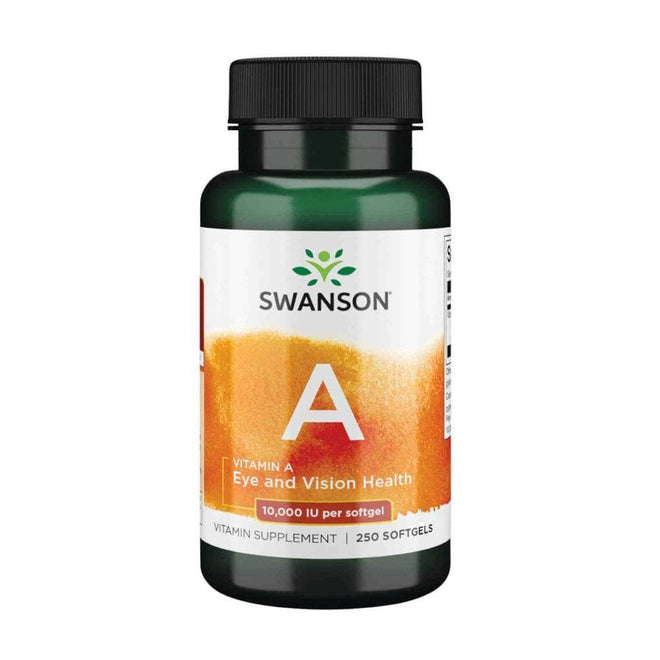 Suplemento de vitamina A 10,000 UI en 250 softgels de la marca Swanson, en frascos de vitaminas y salud.