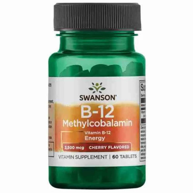 Vitamina B-12 2500 mcg de Swanson, suplemento de vitaminas y salud, dosis alta en frasco con cápsulas.