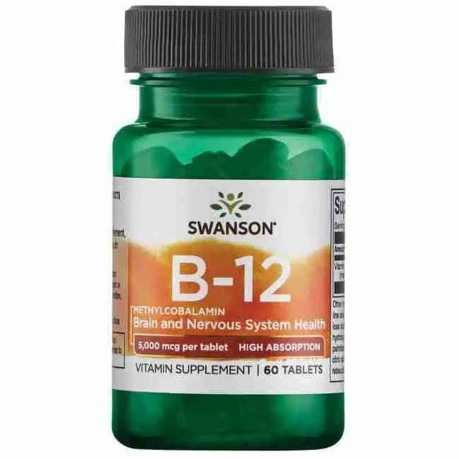 Vitamina B-12 5000 mcg de Swanson en cápsulas para la salud y energía, en envase con varias cápsulas.