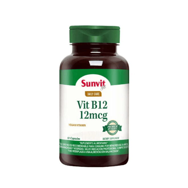 Vitamina B12 de 12 mcg de Sunvit Life, suplemento de vitaminas y salud, frasco con cápsulas.