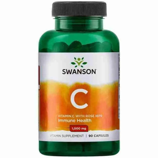 Cápsulas de vitamina C 1000 mg de Swanson, suplemento de vitaminas y salud, en envase con 90 cápsulas.