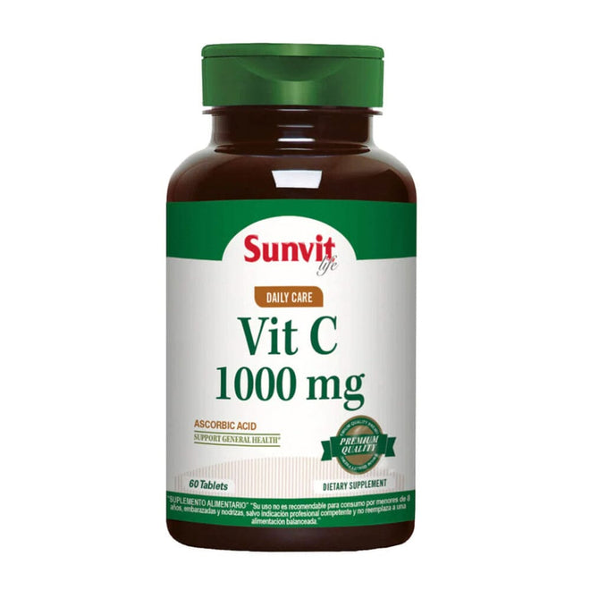 Vitamina C 1000 mg de Sunvit Life, suplemento de vitaminas y salud con cápsulas de color naranja brillante.