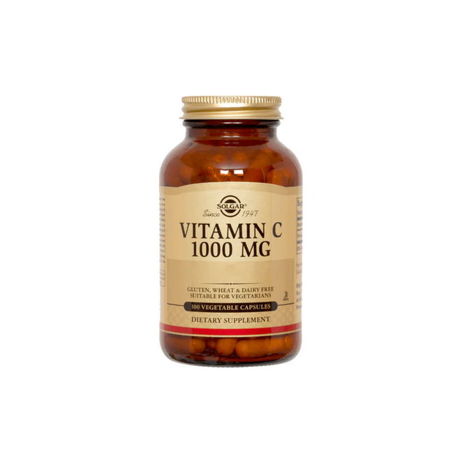 Frasco de Vitamina C 1000 mg de Solgar con 100 cápsulas.