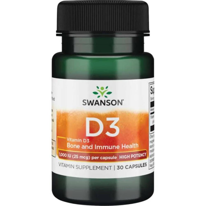 Frasco de Vitamina D3 1000 UI de Swanson con 60 cápsulas.