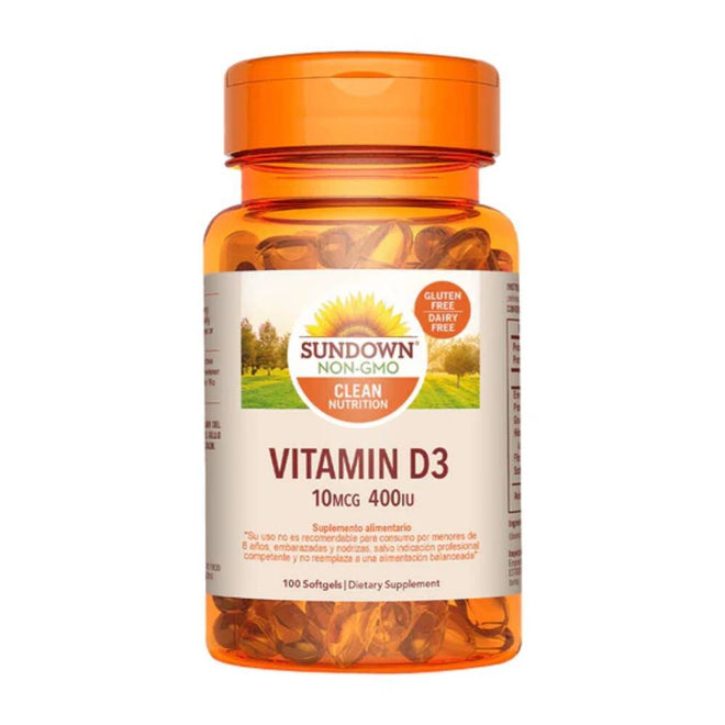 Cápsulas de Vitamina D3 400 UI de Sundown Naturals en su envase.