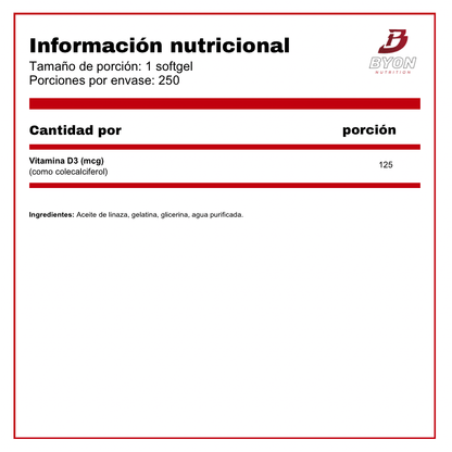Vitamina D3 5000ui 250 softgels - Byon Nutrition