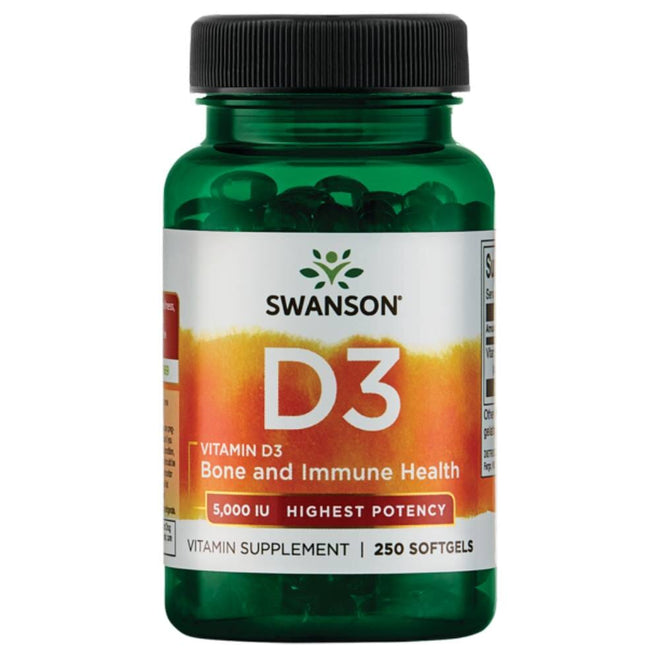 Frasco de Vitamina D3 5000 UI de Swanson con 250 softgels.