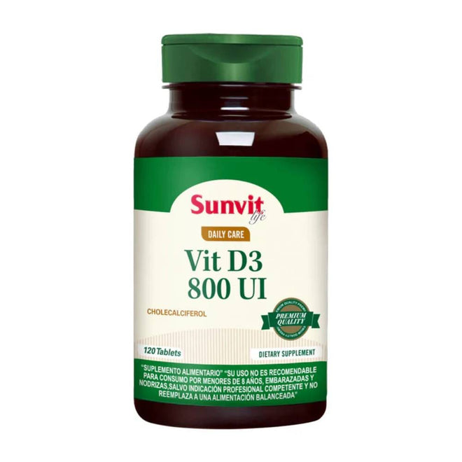 Vitamina D3 Sunvit Life 800UI en tabletas, suplemento de vitaminas y salud, 120 unidades en envase compacto.