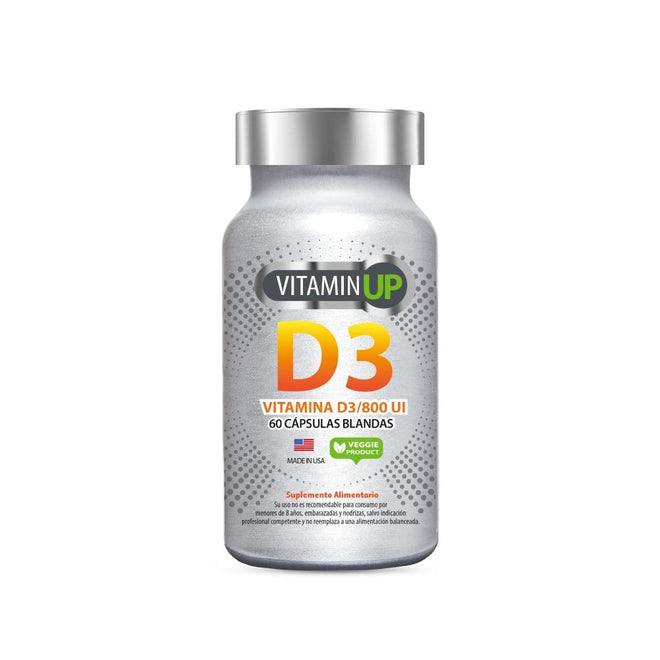 Vitamina D3 800 UI de New Science, envase de vitaminas y salud, suplemento en cápsulas o gotas, saludable y natural.