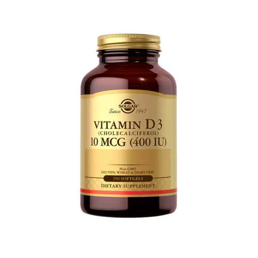 Envase de Vitamina D3 400 UI de Solgar con 250 softgels.