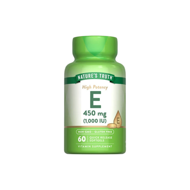 Suplemento de vitamina E 1000iu de Nature's Truth en 60 softgels, con cápsulas suaves para la salud y bienestar.