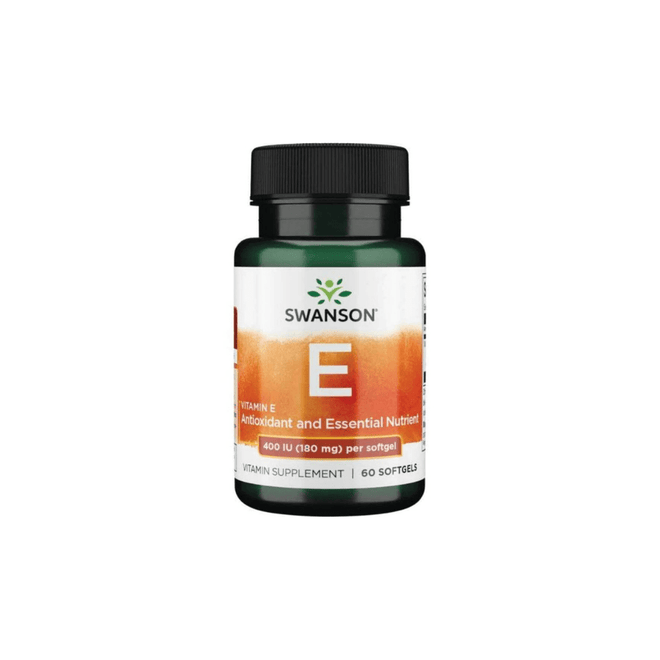 Suplemento de vitamina E 400 IU en 60 softgels de la marca Swanson, con cápsulas suaves para la salud y bienestar.