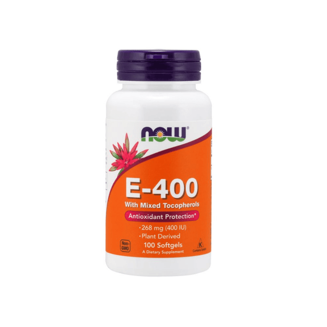 Vitamina E-400 NOW, antioxidante natural en cápsulas de 400 UI, suplemento de vitaminas y salud de la marca Now Foods.
