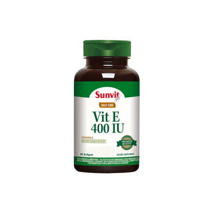 Suplemento de vitamina E 400 UI Sunvit Life en frascos con 60 softgels, muestra las cápsulas de vitamina en la imagen.
