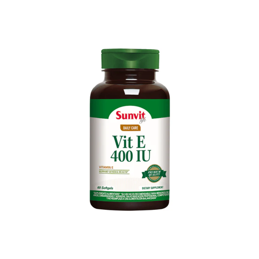 Suplemento de vitamina E 400 UI Sunvit Life en frascos con 60 softgels, muestra las cápsulas de vitamina en la imagen.