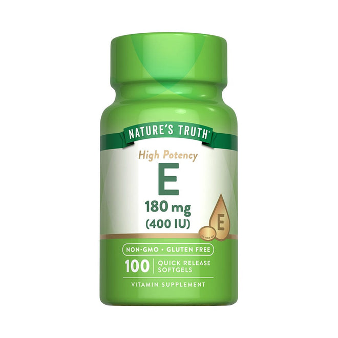 Suplemento de vitamina E 400 IU en envase de 100 softgels de Nature's Truth, con cápsulas blandas para la salud y bienestar.