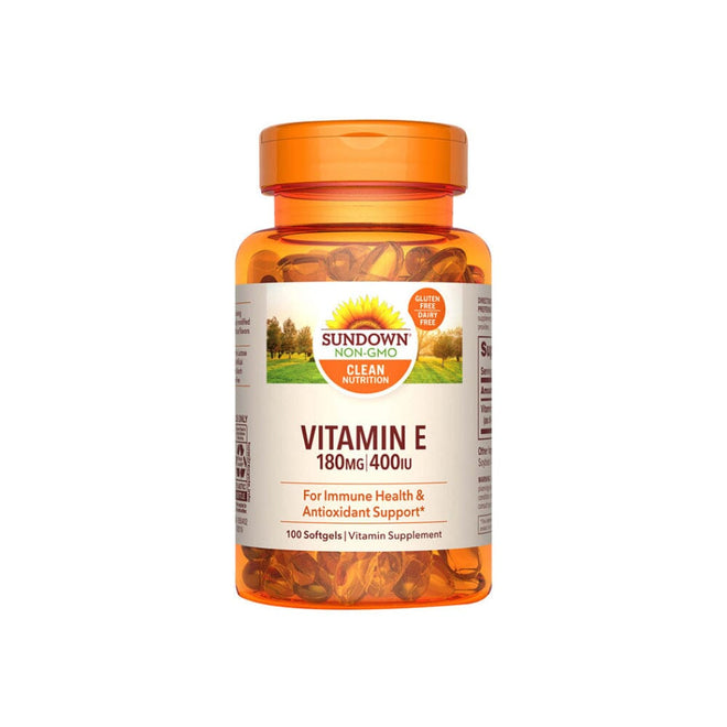 Suplemento de vitamina E 400 UI en 100 softgels de Sundown Naturals, con cápsulas suaves para la salud y bienestar.