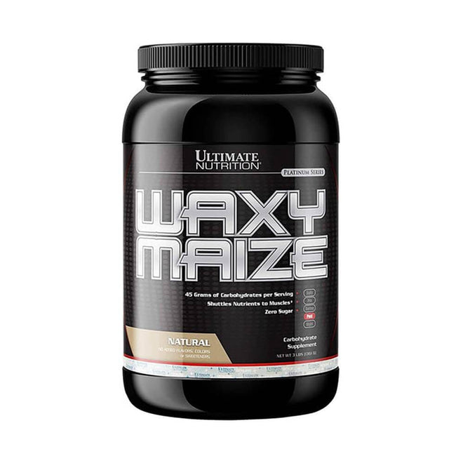 Polvo de maíz waxy de 3 lbs de Ultimate Nutrition, carbohidratos en polvo para snacks y endurance, en envase blanco con etiqueta.