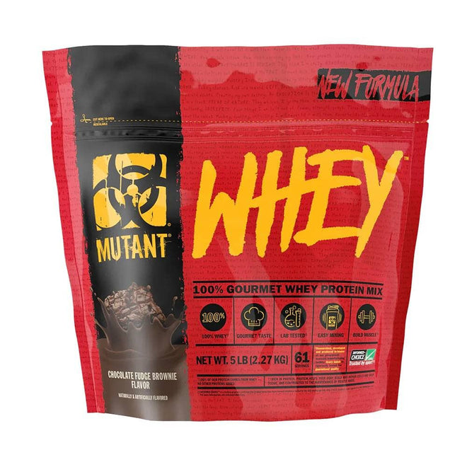 Proteínas Whey Mutant Gourmet de 5 lbs en sabor Chocolate Fudge, suplemento de proteínas para entrenamiento y recuperación.