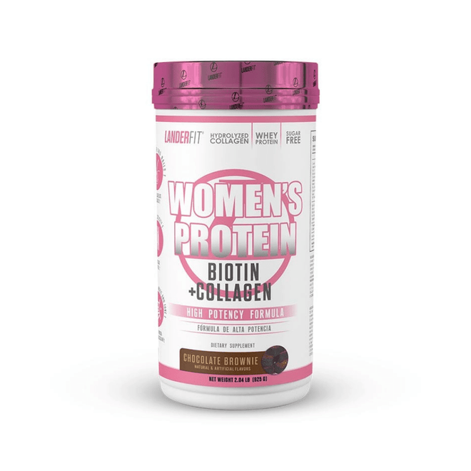 Proteínas para mujeres Landerfit con biotina, sabor brownie de chocolate, en envase de 2 libras, ideal para nutrición deportiva.
