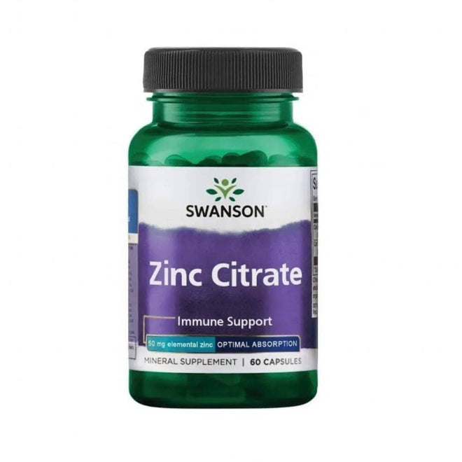 Cápsulas de Zinc Citrato de 50 mg en envase de Swanson, suplemento de vitaminas y salud, 60 cápsulas.