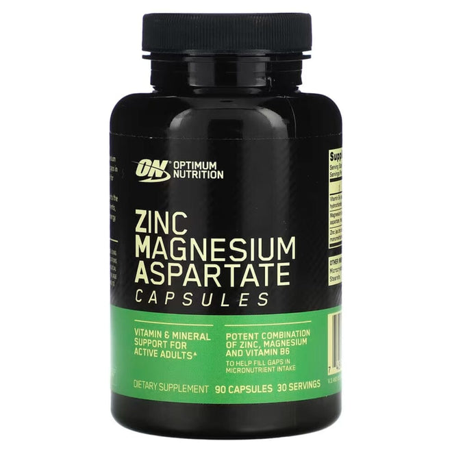 Cajas de ZMA con 90 cápsulas de zinc y magnesio Aspartato de Optimum Nutrition, vitaminas y salud.